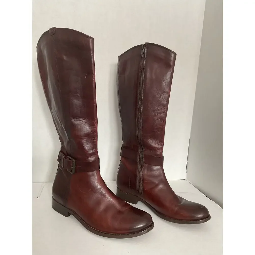 Frye - Melissa - Moto/Riding Tall boots - Redwood Brown Distressed Leather - 8B